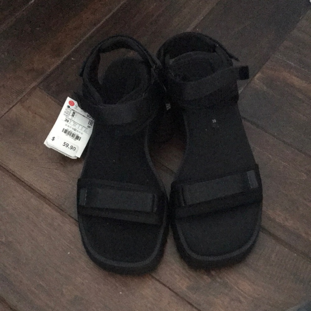 Zara Track Sole Dad Sandals, Black, Size 39